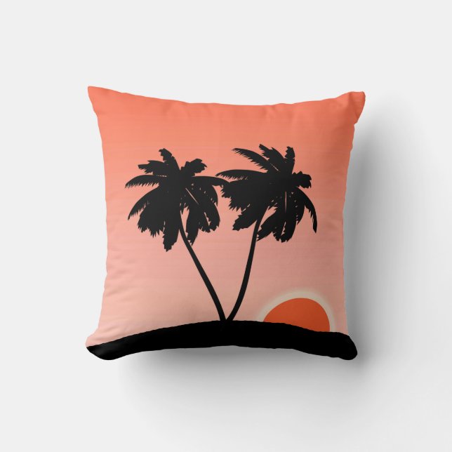 Palm Tree Silhouette, Sunset Orange Background Cushion (Front)