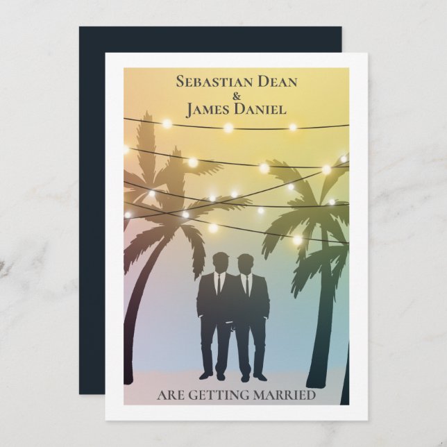 Palm Tree String Lights Two Groom Gay Wedding Invitation (Front/Back)