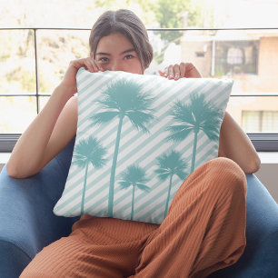 Palm Tree Stripe Teal Beach House Decorative  Cushion