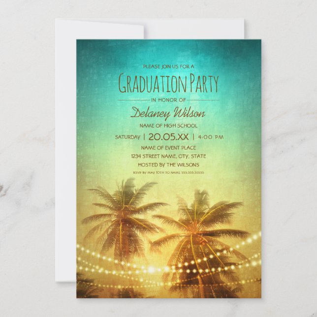 Palm Tree Sunset Beach Tropical Graduation Party Invitation (Front)