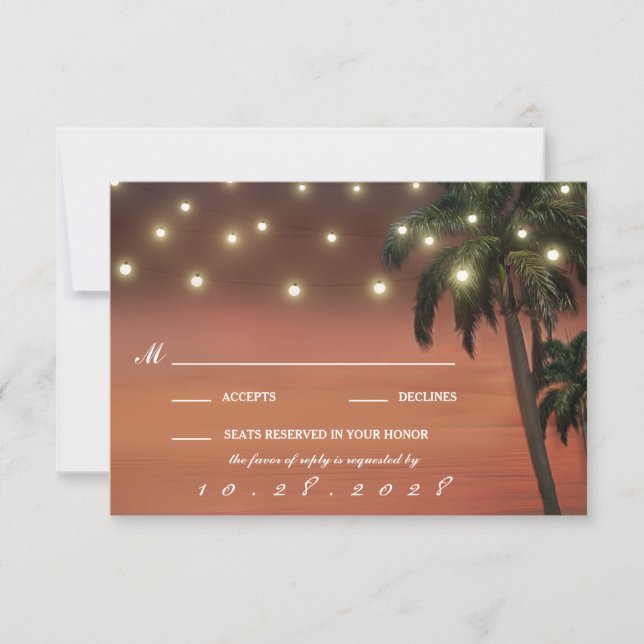 Palm Tree Sunset Beach Wedding RSVP Cards (Front)