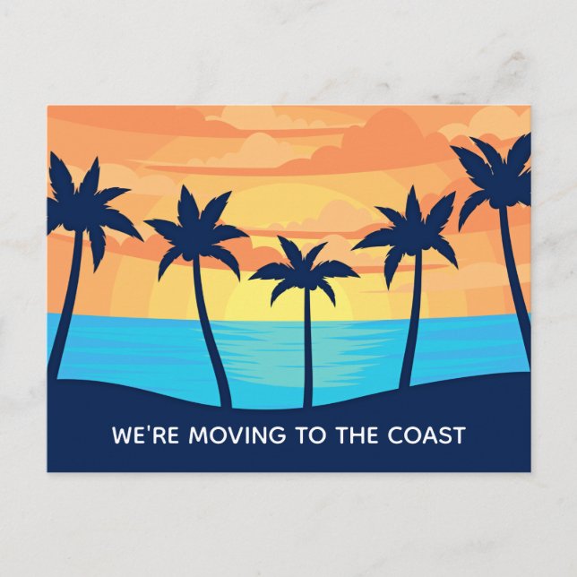 Palm Tree Sunset Change of Address Beach Moving Announcement Postcard (Front)