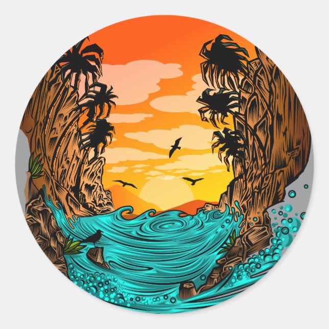 Palm Tree Sunset Classic Round Sticker (Front)