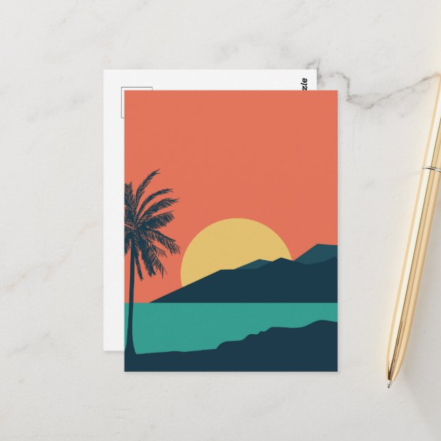 Palm Tree Sunset, Island, Boho Abstract Art Postcard (Front/Back In Situ)