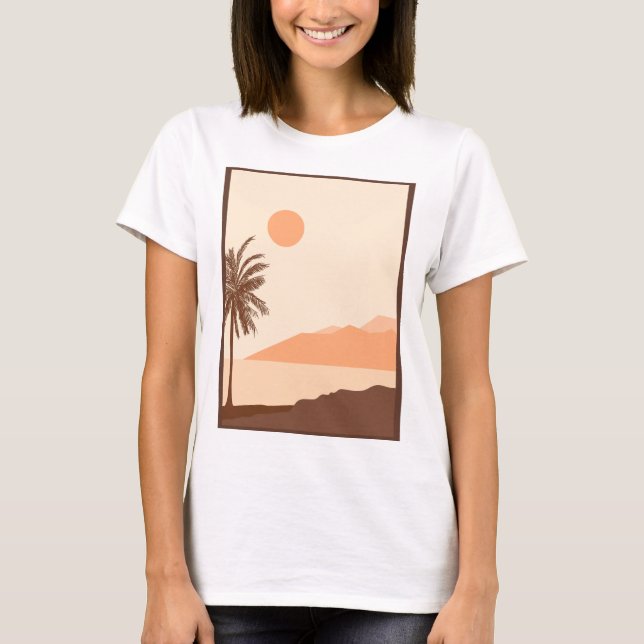 Palm Tree Sunset, Island, Boho Abstract Art T-Shirt (Front)