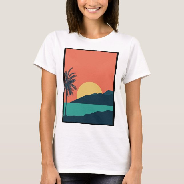 Palm Tree Sunset, Island, Boho Abstract Art T-Shirt (Front)