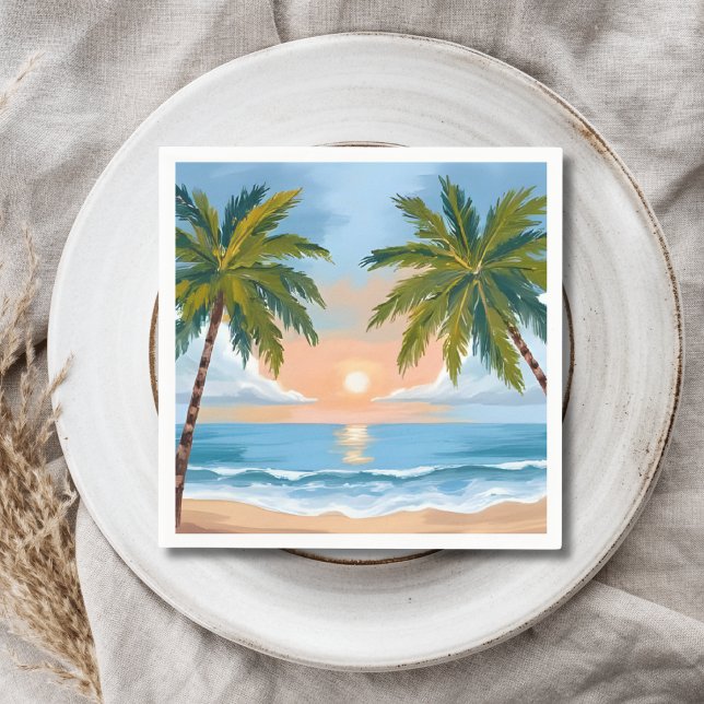 Palm Tree Sunset | Tropical Beach Wedding Napkin (Creator Uploaded)