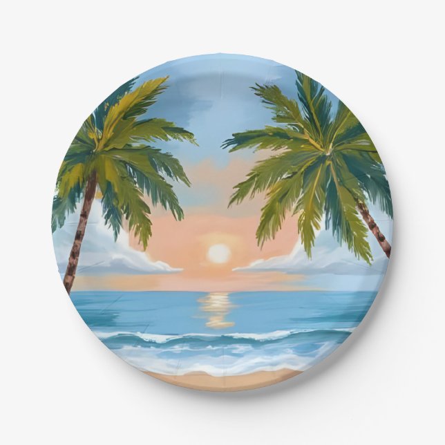 Palm Tree Sunset | Tropical Beach Wedding Paper Plate (Front)