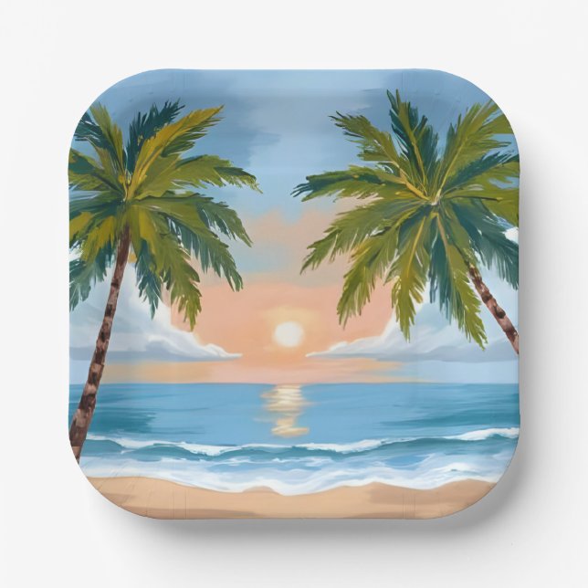 Palm Tree Sunset | Tropical Beach Wedding Paper Plate (Front)