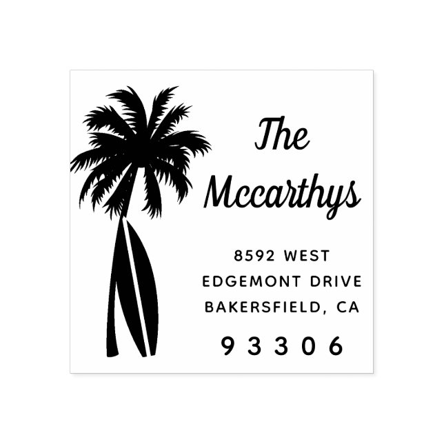 Palm Tree Surfboard Family Name Return Address Rubber Stamp (Imprint)