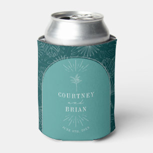 Palm Tree Teal Beach Wedding Can Cooler