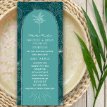 Palm Tree Teal Beach Wedding Menu<br><div class="desc">White line art illustration of palm leaves pattern over teal green background with white text and palm tree design over teal arch with tan border.</div>