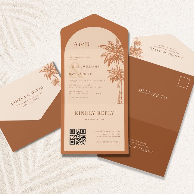 Palm Tree Terracotta QR Code All in One Wedding All In One Invitation (Creator Uploaded)