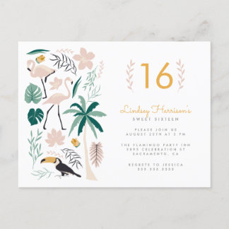 Palm Tree Toucan Pink Flamingo & Monstera Sweet 16 Invitation Postcard