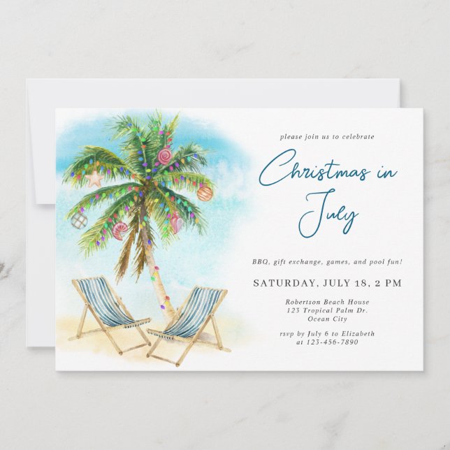 Palm Tree Tropical Beach Christmas in July  Invitation (Front)