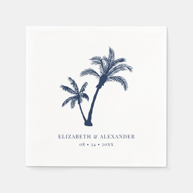 Palm Tree Tropical Beach Navy Blue Wedding Napkin (Front)
