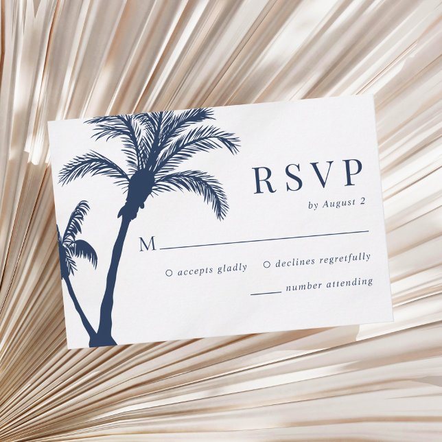 Palm Tree Tropical Beach Navy Blue Wedding RSVP Card (Creator Uploaded)