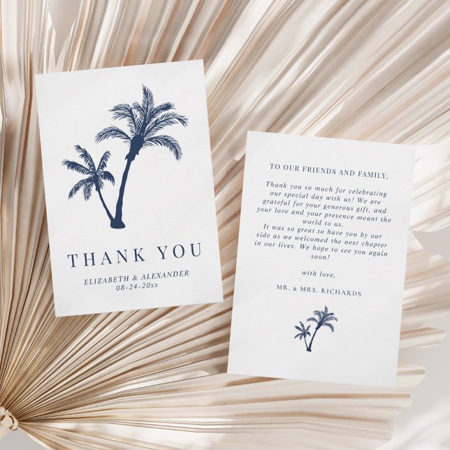 Palm Tree Tropical Beach Navy Blue Wedding Thank You Card (Creator Uploaded)