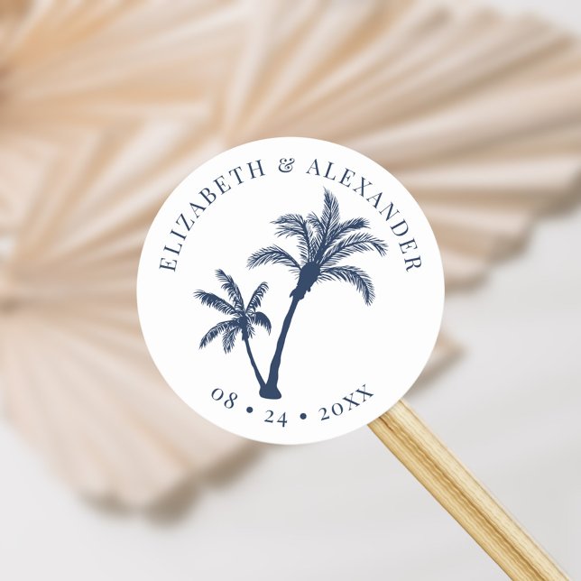Palm Tree Tropical Beach Wedding Navy Blue Classic Round Sticker (Creator Uploaded)