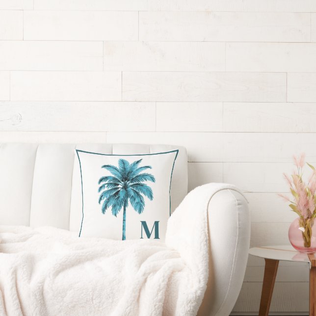  Palm Tree Tropical Blue Elegant Monogram Cushion (Couch)