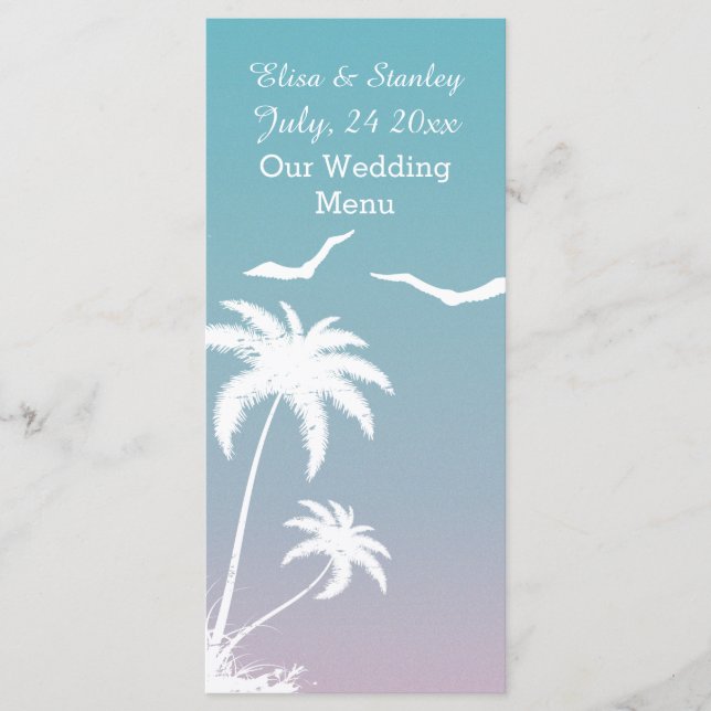 Palm tree tropical blue, pink beach wedding Menu (Front)