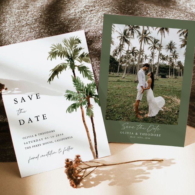 Palm Tree Tropical Destination Photo Back Wedding Save The Date (Palm Tree Photo Save the Date tropical destination beach wedding stationery with photo back)