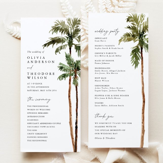Palm Tree Tropical Destination Wedding Ceremony Programme (Palm Tree Wedding Program Tropical Ceremony Program Beach Destination Wedding Stationery)