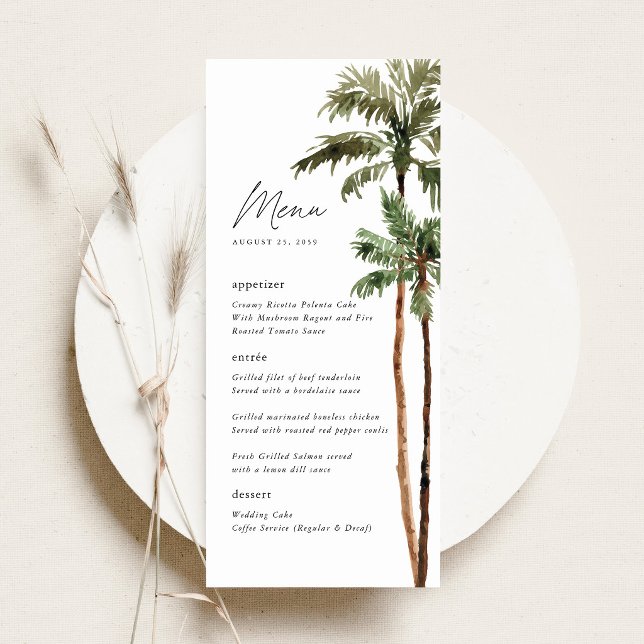 Palm Tree Tropical Destination Wedding Reception Menu (Palm Tree Wedding Menu Tropical Wedding Menu Card Beach Destination Wedding Stationery)