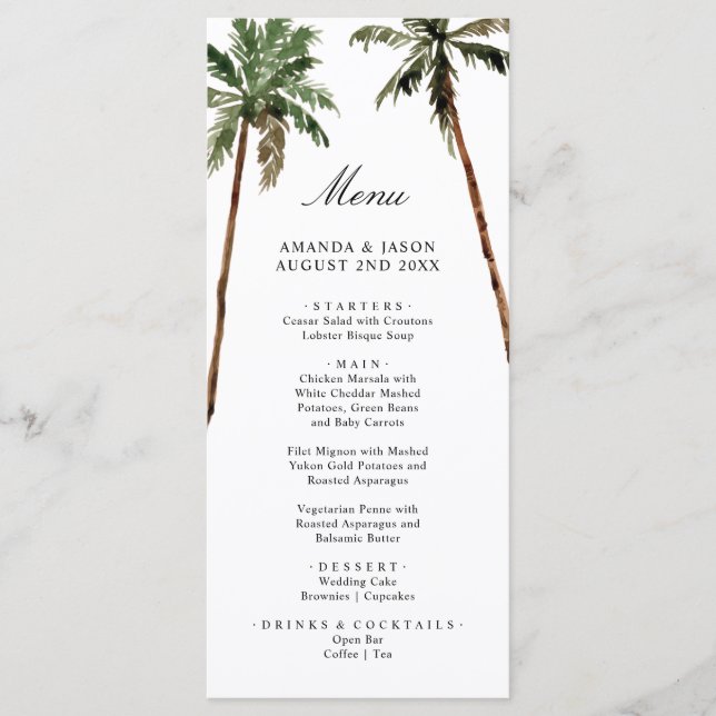 Palm Tree Tropical Island Minimal Beach Wedding Menu (Front)
