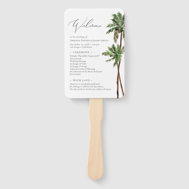 Palm Tree Tropical Minimal Beach Wedding Program Hand Fan (Front)