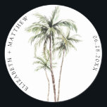 Palm Tree Tropical | Minimal Wedding Classic Round Sticker<br><div class="desc">Sandy beaches and warm breezes are what this design is all about. Celebrate your tropical wedding theme with our simple,  minimal palm tree design. This design is fully customisable and colours can be swapped to your liking.</div>
