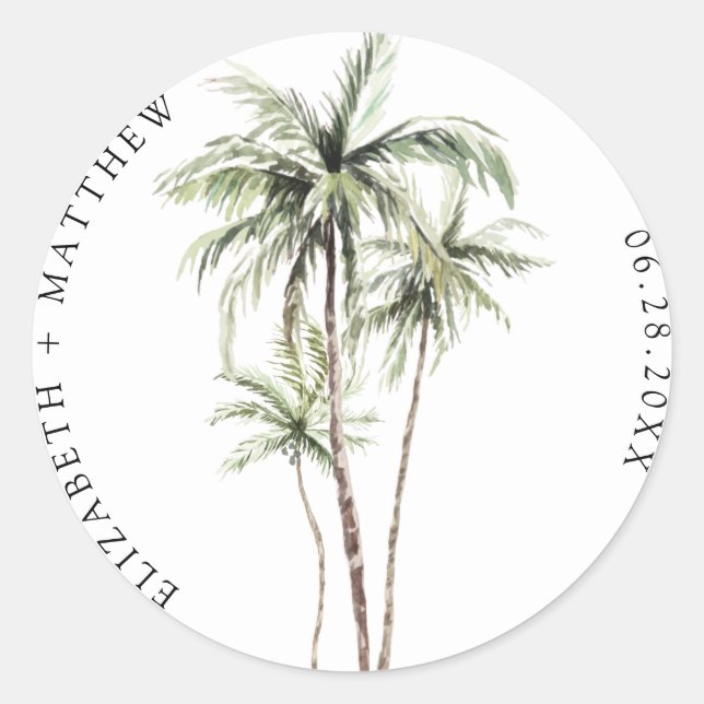 Palm Tree Tropical | Minimal Wedding Classic Round Sticker (Front)