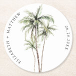 Palm Tree Tropical | Minimal Wedding Round Paper Coaster<br><div class="desc">Sandy beaches and warm breezes are what this design is all about. Celebrate your tropical wedding theme with our simple,  minimal palm tree design. This design is fully customisable and colours can be swapped to your liking.</div>