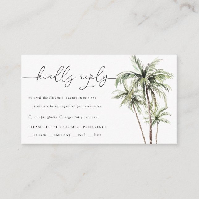 Palm Tree Tropical | Minimal Wedding RSVP Reply Enclosure Card (Front)