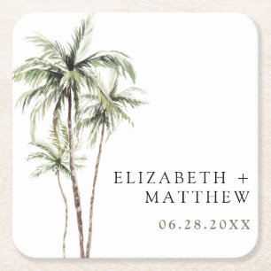 Palm Tree Tropical   Minimal Wedding Square Paper Coaster