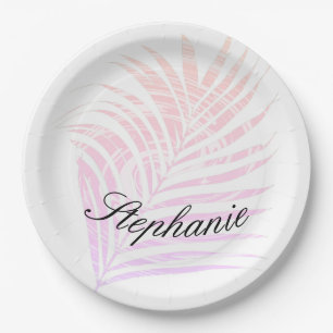 Palm Tree Tropical Pink Patterns Custom Name Paper Plate