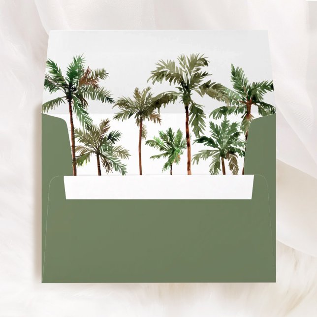 Palm Tree Tropical Sage Wedding Liner & Addressed Envelope (Tropical Palm Tree Sage Green Printed Envelope, Palm Envelope Liner, Destination Wedding Stationery)