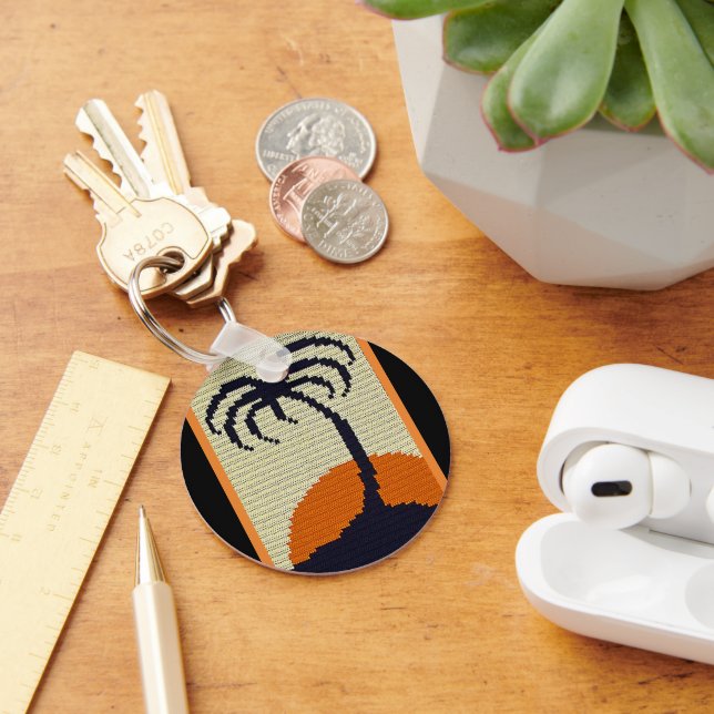 Palm Tree Tropical Sun Black Orange Crochet Print Key Ring (Desk)