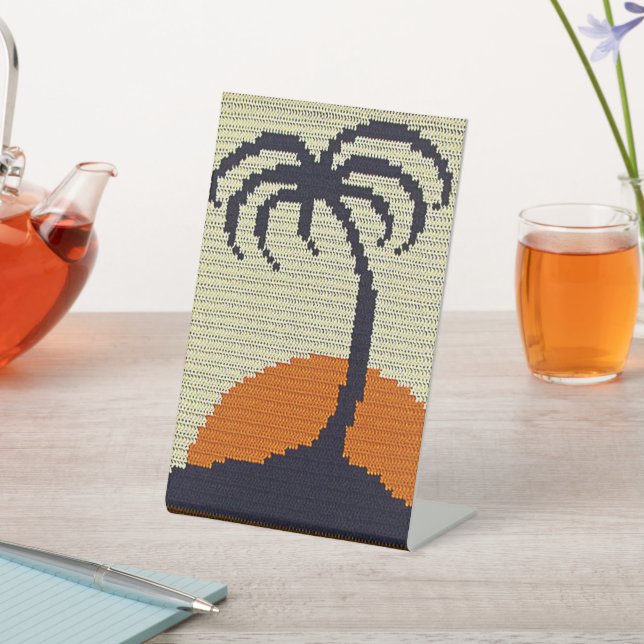 Palm Tree Tropical Sundown Designer Crochet Print Pedestal Sign (In SItu)