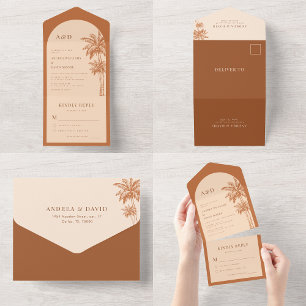 Palm Tree Tropical Terracotta & Cream Boho Wedding All In One Invitation