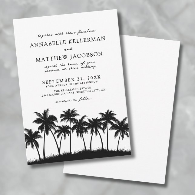 Palm Tree Tropical Wedding Invitation (Modern Black White Palm Tree Tropical Wedding Invitation)