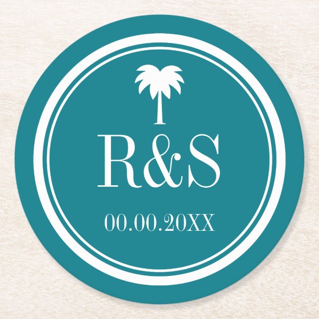 Palm tree turquoise blue monogram wedding coasters (Front)