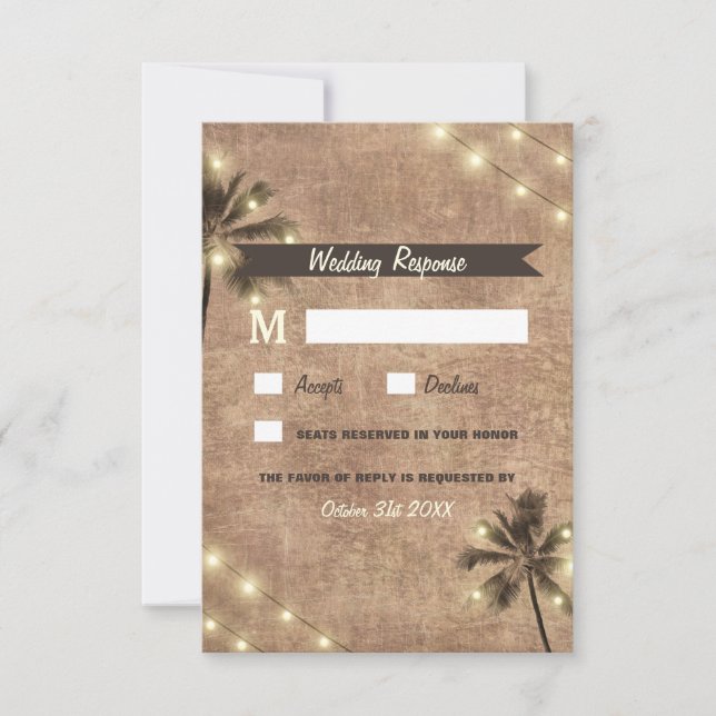 Palm Tree Vintage Lights Beach Wedding RSVP Cards (Front)