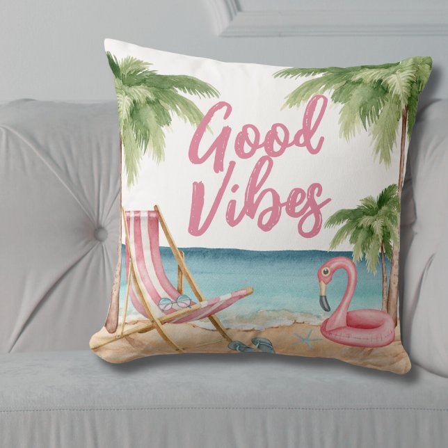Palm Tree Watercolor Beach Cushion (Colorful Good Vibes Palm Tree Watercolor Beach Throw Pillow)