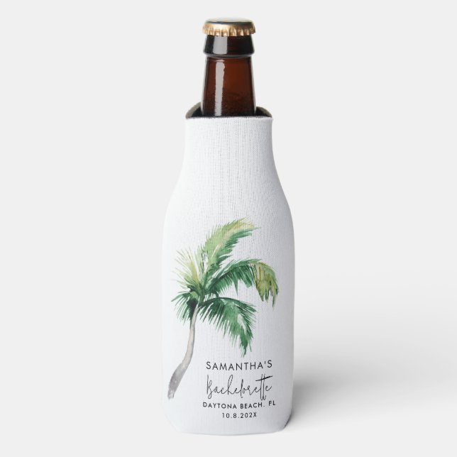 Palm Tree Watercolor Personalised Bachelorette Bottle Cooler (Bottle Front)