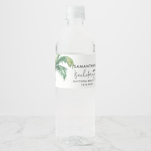 Palm Tree Watercolor Personalised Bachelorette Water Bottle Label (Front)