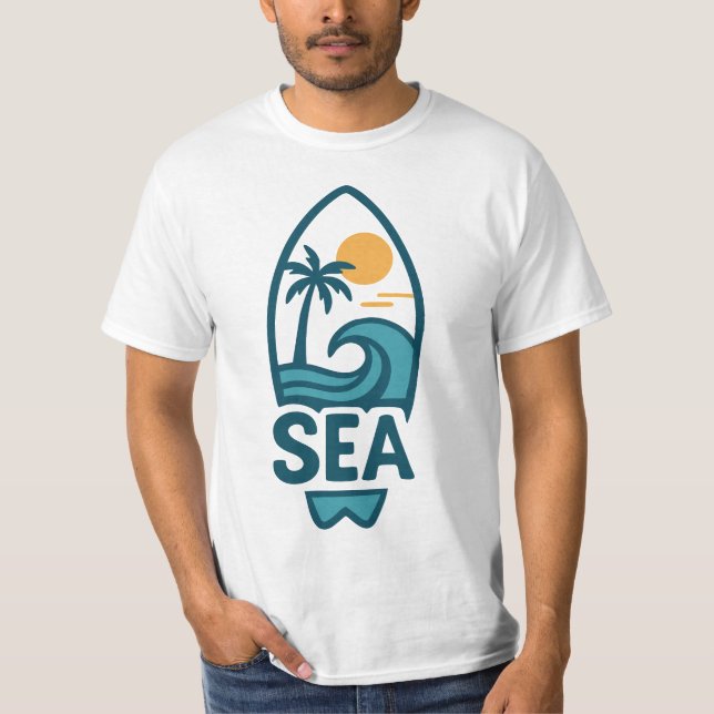 Palm Tree & Wave Surfboard Beach T-Shirt (Front)