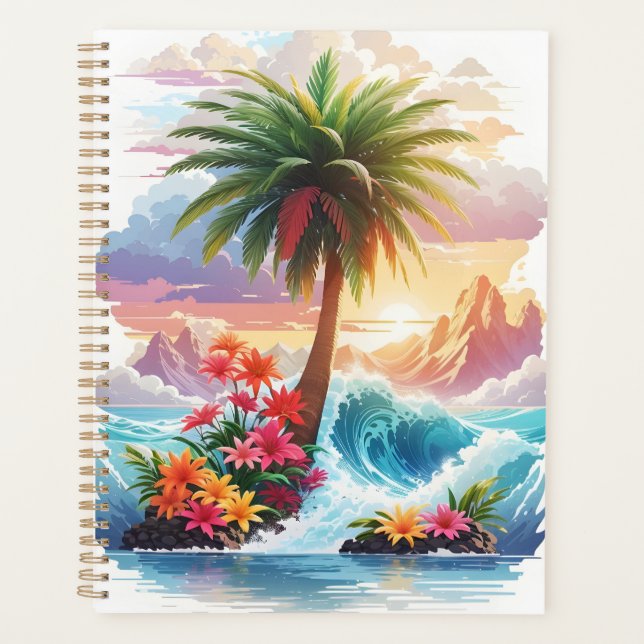 Palm Tree Waves and Flowers Planner (Front)