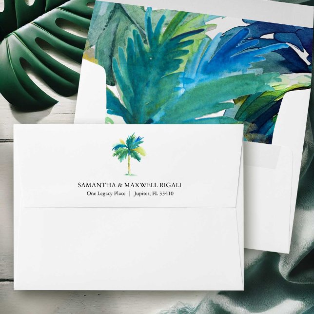 Palm Tree Wedding Envelopes Bold Tropical Interior (Tropical wedding return address envelopes designed with watercolor palm tree art)
