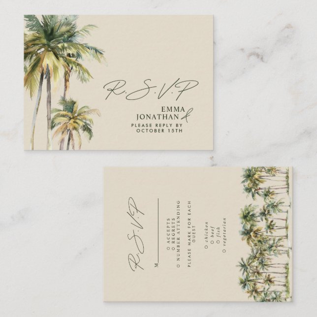 Palm Tree Wedding RSVP Tropical Destination coast Enclosure Card (Front/Back)